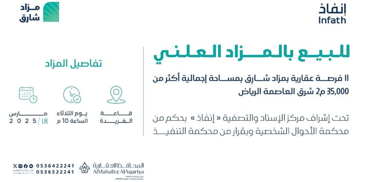 مزاد عقاري ضخم شرق الرياض: 11 فرصة استثمارية بمساحة 35,000 م² للبيع بالمزاد العلني! مزاد عقاري ضخم شرق الرياض: 11 فرصة استثمارية بمساحة 35,000 م² للبيع بالمزاد العلني!